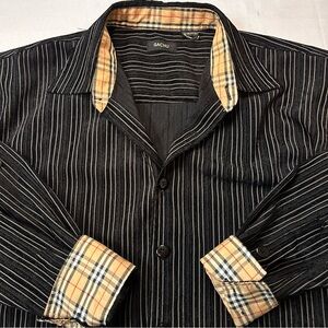 Vintage Black Gachu Black Striped Shirt with Plaid Accents